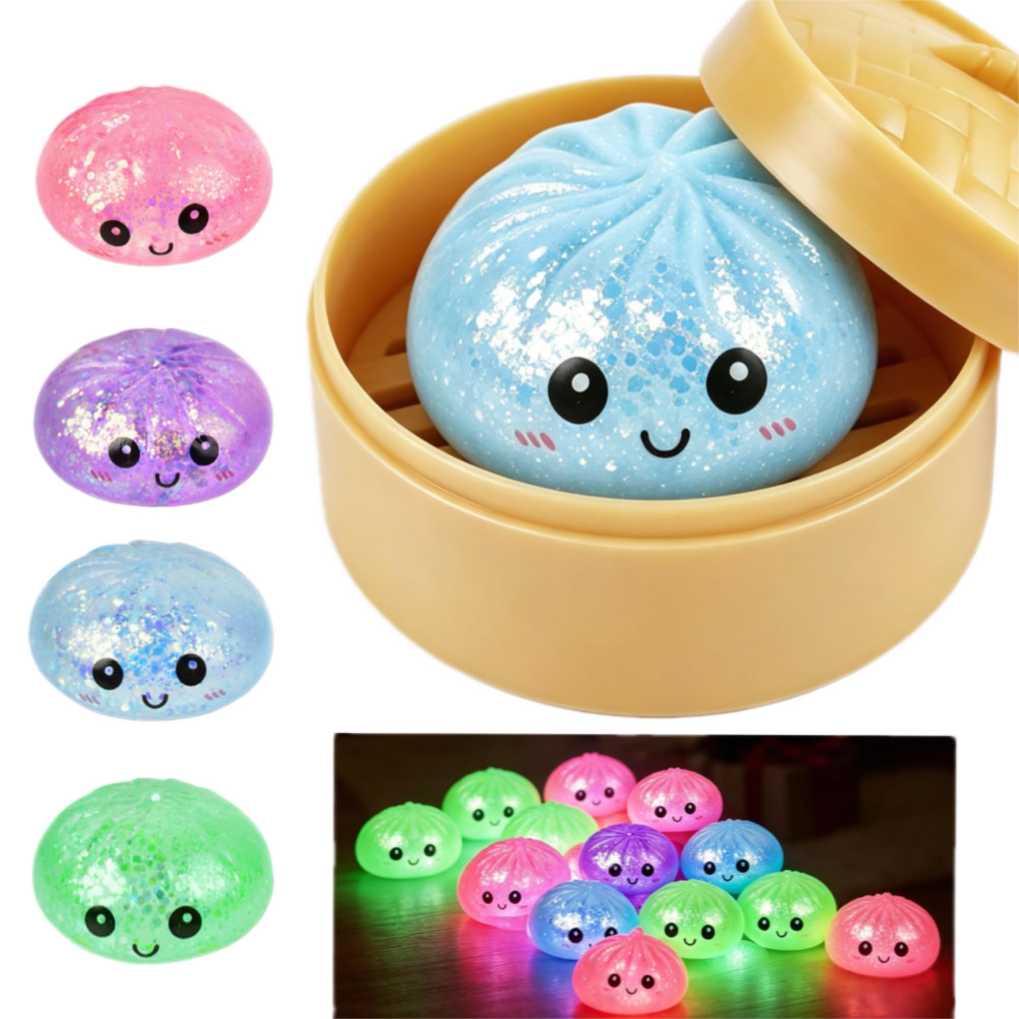 Photo 1 of 2026 New Glitter Will Emit Light Dumplings Squishy,Colorful Dumplings Stress Balls Fidget Sensory Box,Stress Relief Stretchy Desk Toys (Blue)