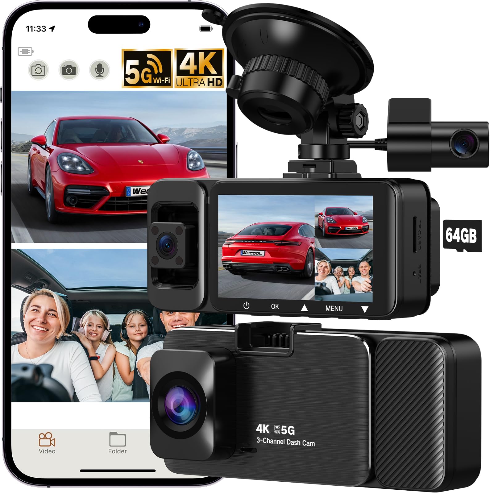 3 Channel 4K Dash Cam Dash Cam Front and Rear Inside 170 150 150 Wide Angle View Dash