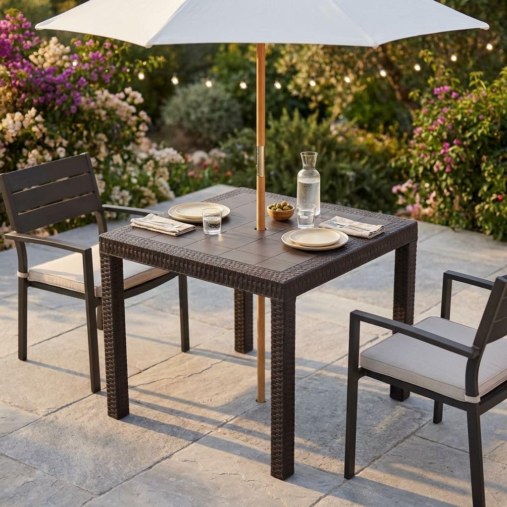 milani home - tavolo da giardino quadrato fisso in wicker stampato marrone 80 x 80 cm, in polipropilene, per terrazzo portico e locale bar