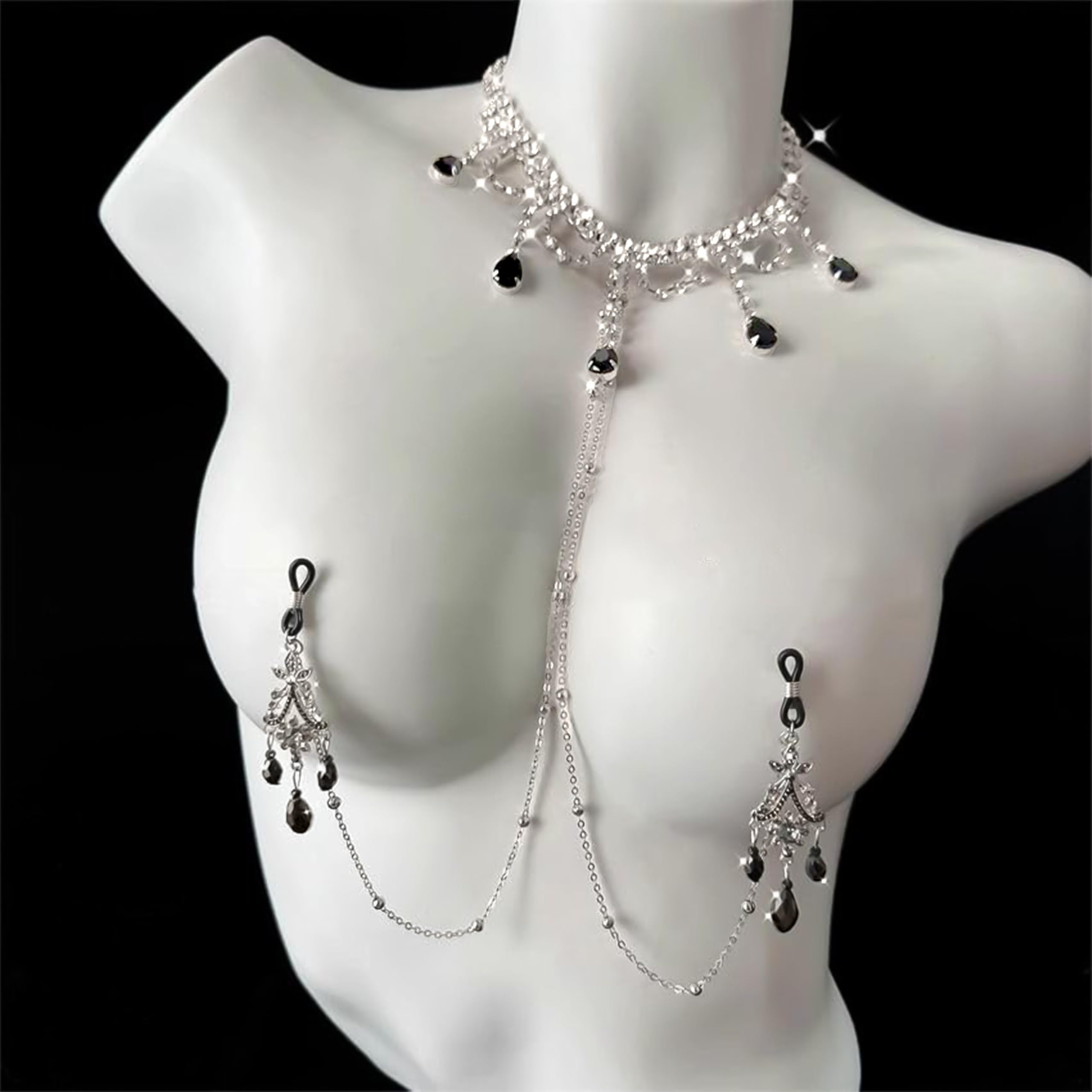 Baroque Black Swan Nipple Clamps with Chain Necklace - Adjustable Non-Piercing Sensory Toys for Women, Beginners Sensual Play (): Nipple Rings(silver)