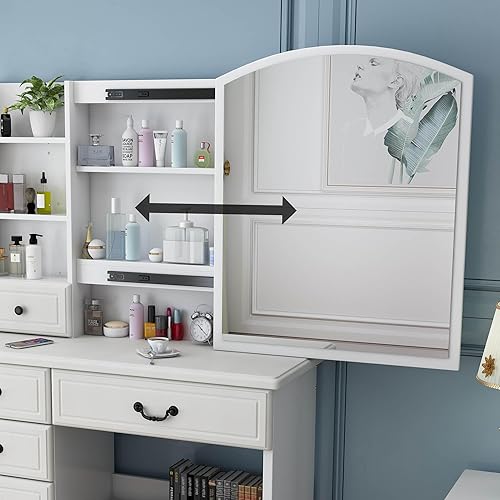 Miniatura 7 de RIDFY Juego de tocador de maquillaje con espejo y luces, escritorio de maquillaje con 6 cajones y taburete tapizado, mesa de tocador con brillo de