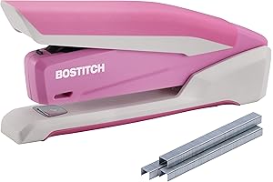 Bostitch One Touch Finger Spring-Powered Desktop Stapler in Pink, 20 Sheet Capacity