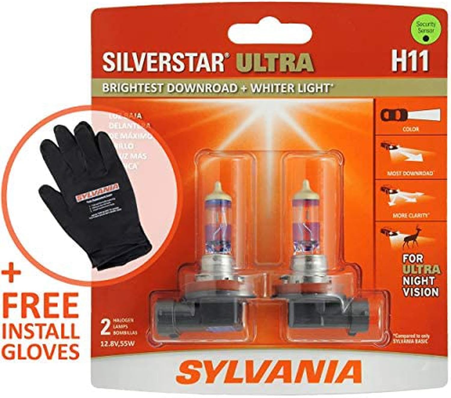 SYLVANIA - H11 SilverStar Ultra plus Free Installation Gloves - High Performance Halogen Headlight Bulb, High Beam, Low Beam, Fog Replacement Bulb, Brightest Downroad Whiter Light (Contains 2 Bulbs)