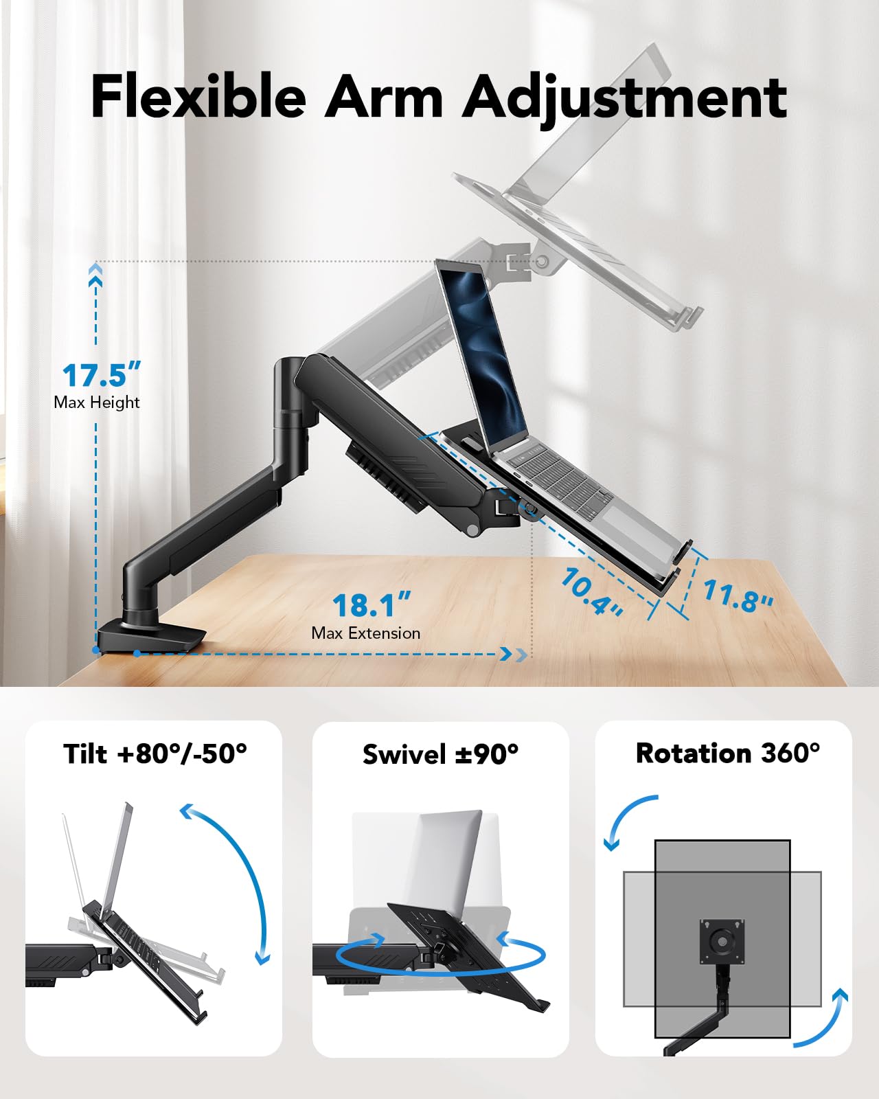 HUANUO Regulowany uchwyt na monitor od 13 do 34", uchwyt na laptopa do 17", może pomieścić od 2,2 do 9 kg, VESA 75 x 75 100 x 100, 2 opcje montażu