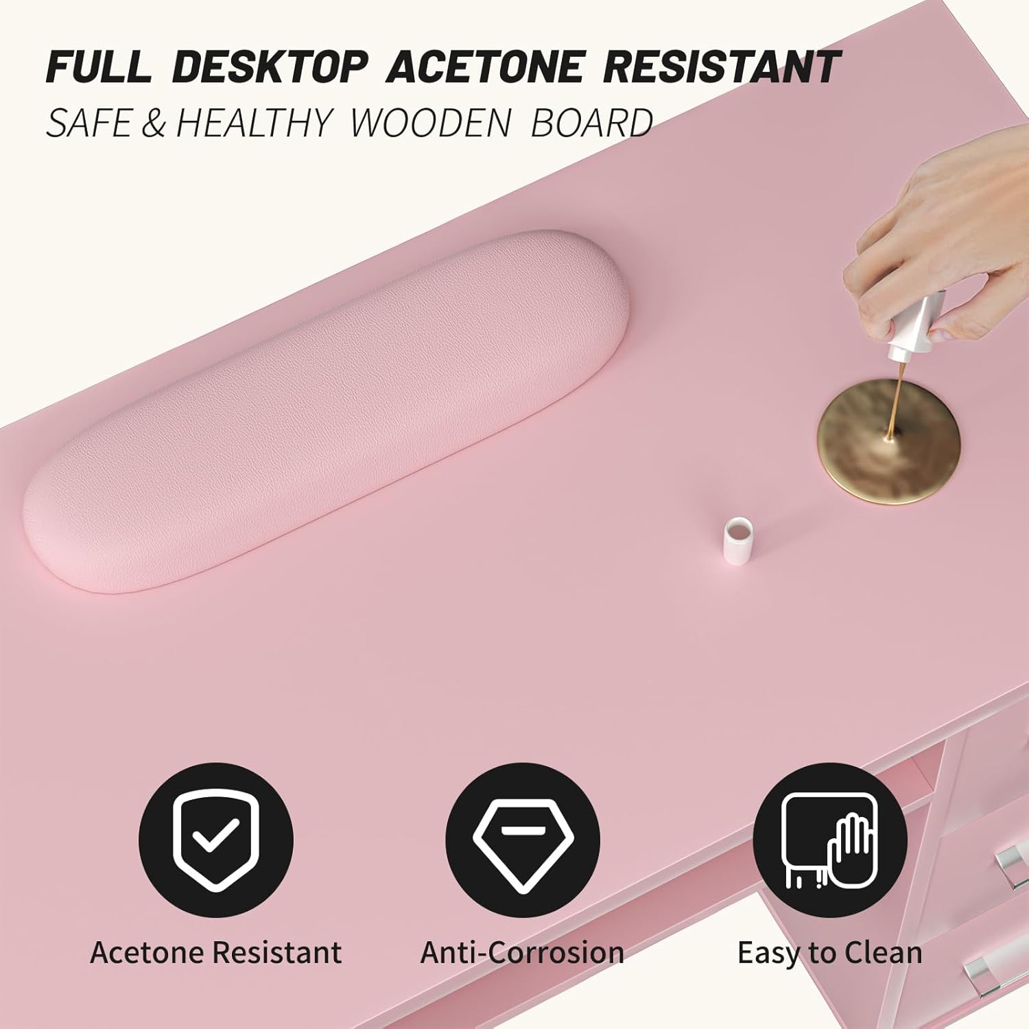 Acetone Resistant Manicure Table Nail Tech Desk, Pink Nail Table for Nail Tech Table Double Layered Manicure Desk Nail Station