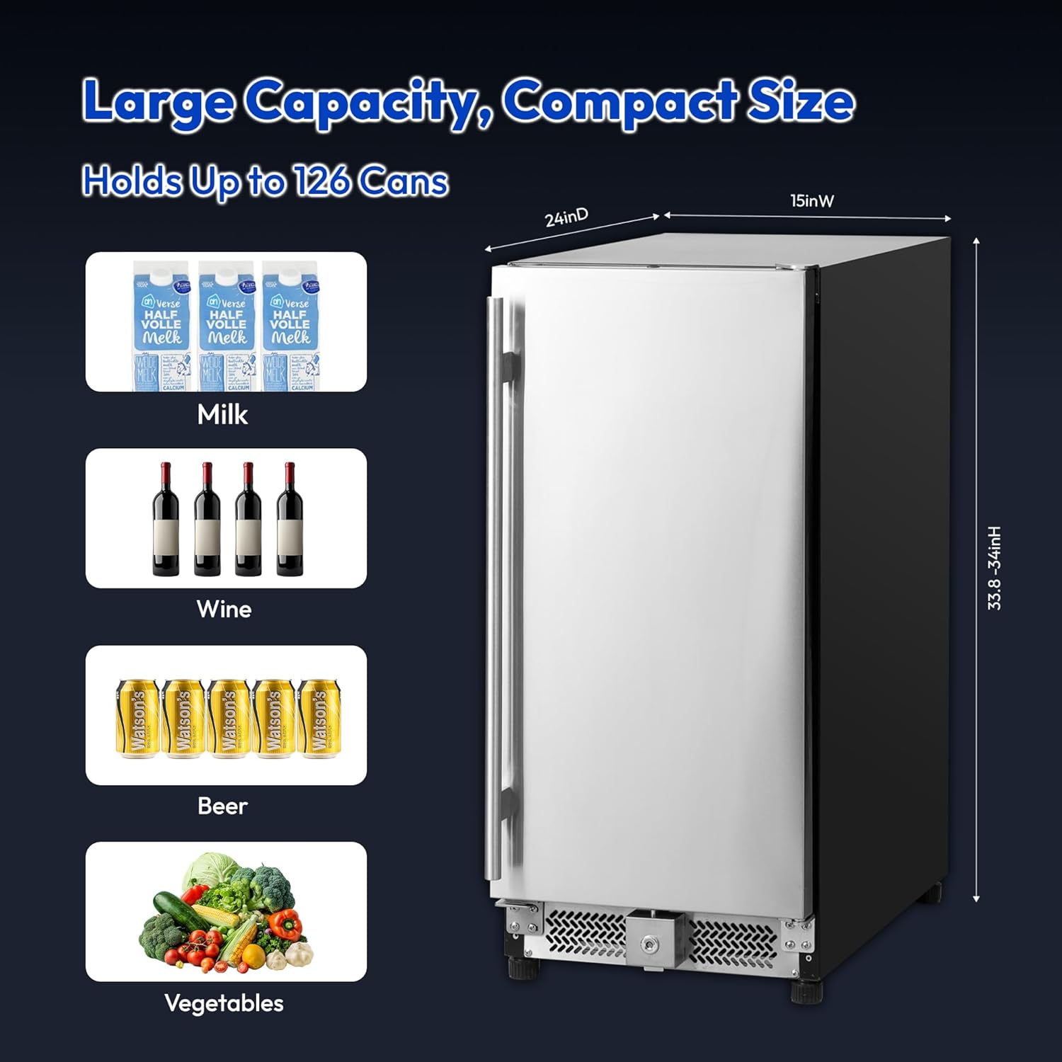 15 Inch Under Counter Beverage Refrigerator, 126 Cans Built-in or Freestanding Drink Fridge with Insulated Door,Ideal for Indoor or Outdoor Bar, Kitchen, Garage