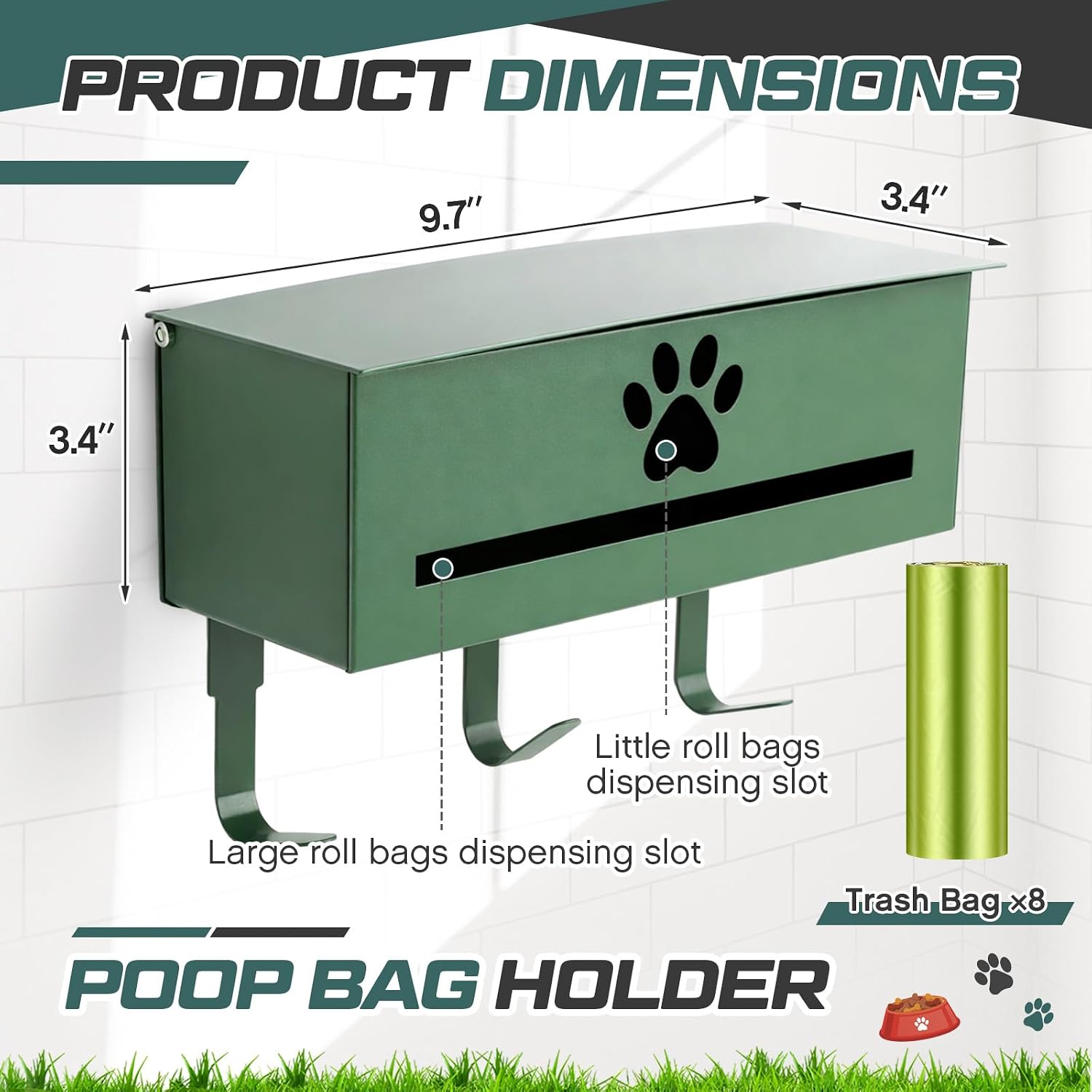 Blulu Wall Mount Dog Poop Bags Dispenser Holder with Hooks Metal 200/300 Single Large Roll Pet Waste Station Bags Dispenser for Outdoor Indoor Home Yard Doggy (Green)