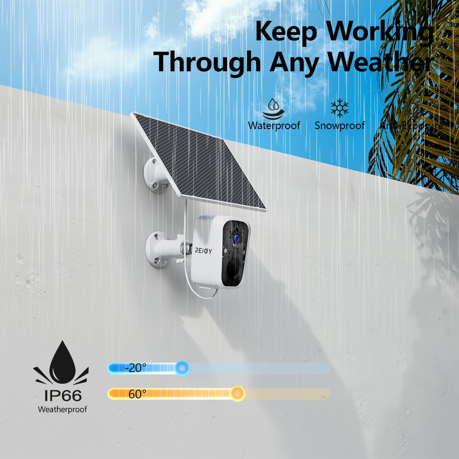 REIGY 4MP Telecamera WIFI Interno/Esterno Batteria Senza FIli, Videocamera Sorveglianza con Pannello Solare, Rilevazione di Movimento PIR, Audio a 2 Vie, IP65, Supporto 2,4GHz/5GHz