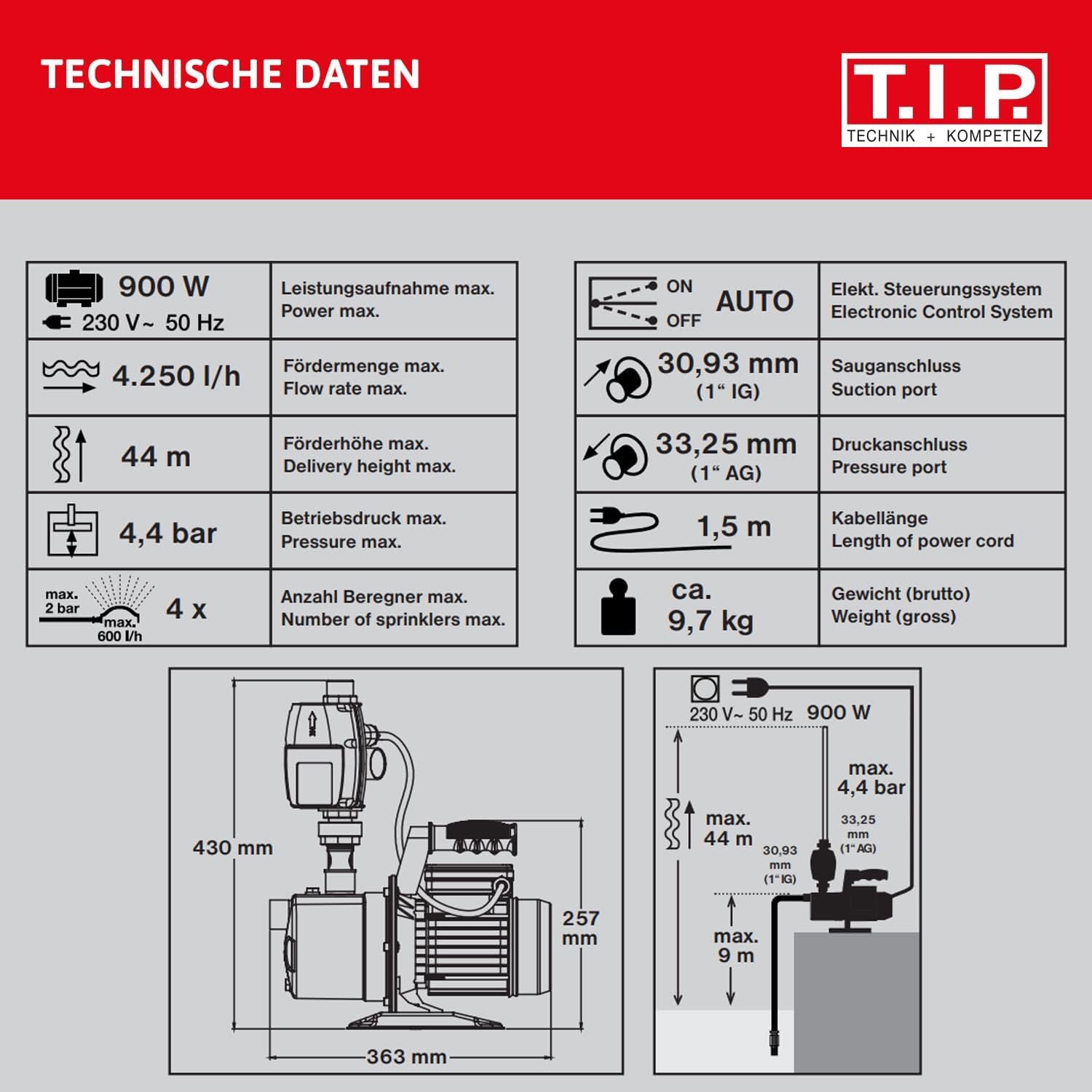 T.I.P. Edelstahl Hauswasserautomat - 4250 l/h Kapazität, 44 m Förderhöhe, 900 W Power, Automatiksteuerung - Ideal für druckabhängige Wasserversorgung, HWA 4400 INOX, 31192