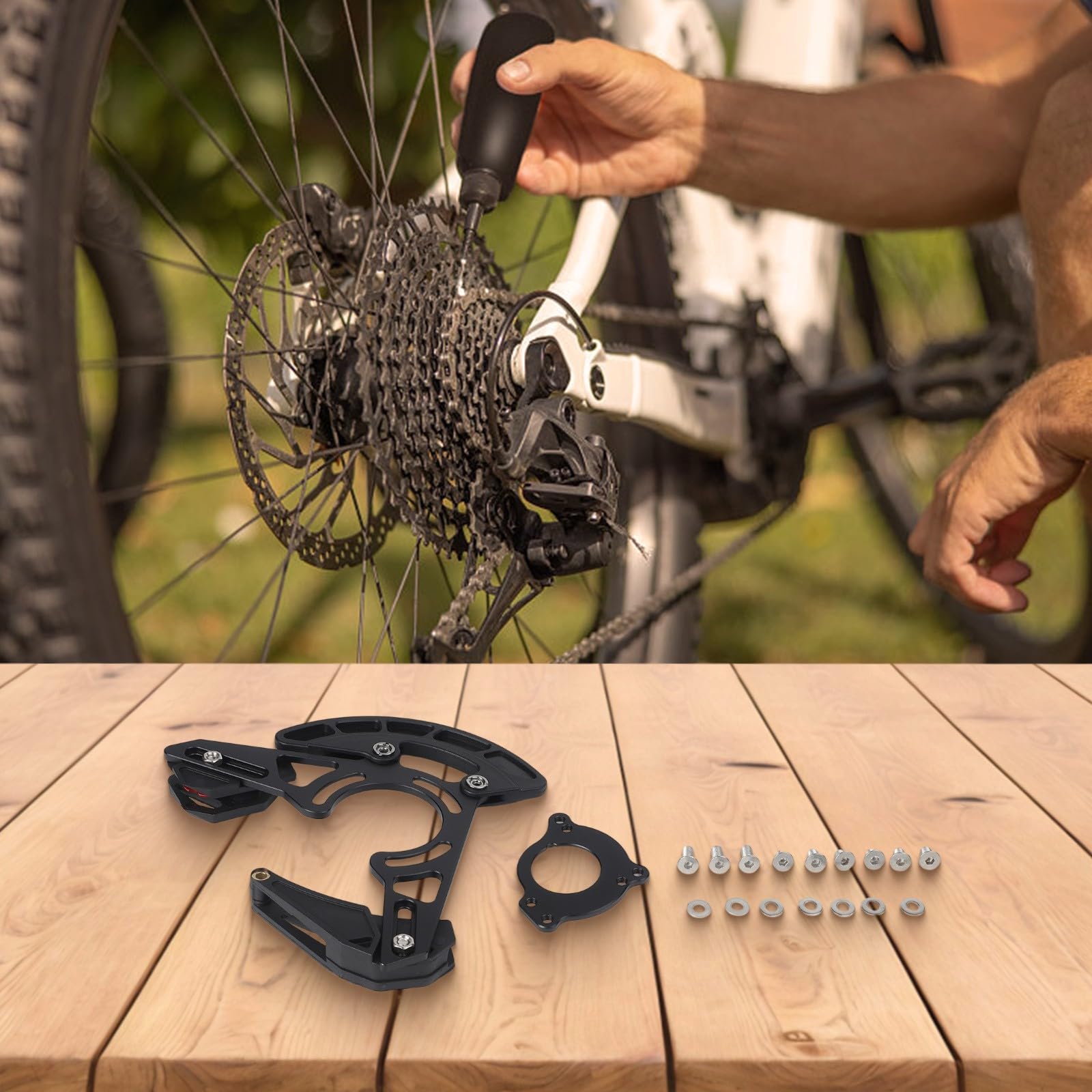 Whychstore Guida catena per mountain bike, protezione catena a disco singolo 32T-38T, lega CNC e nylon rinforzato per stabilizzatore