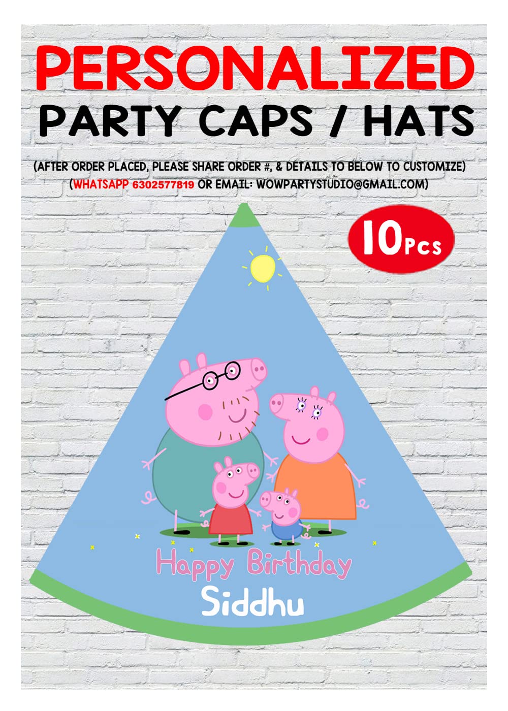 WoW Party Studio Personalised Pig Cartoon Theme Happy Birthday Party Decorations Party Caps/Hats with Birthday Boy/Girl Name - 10Pcs