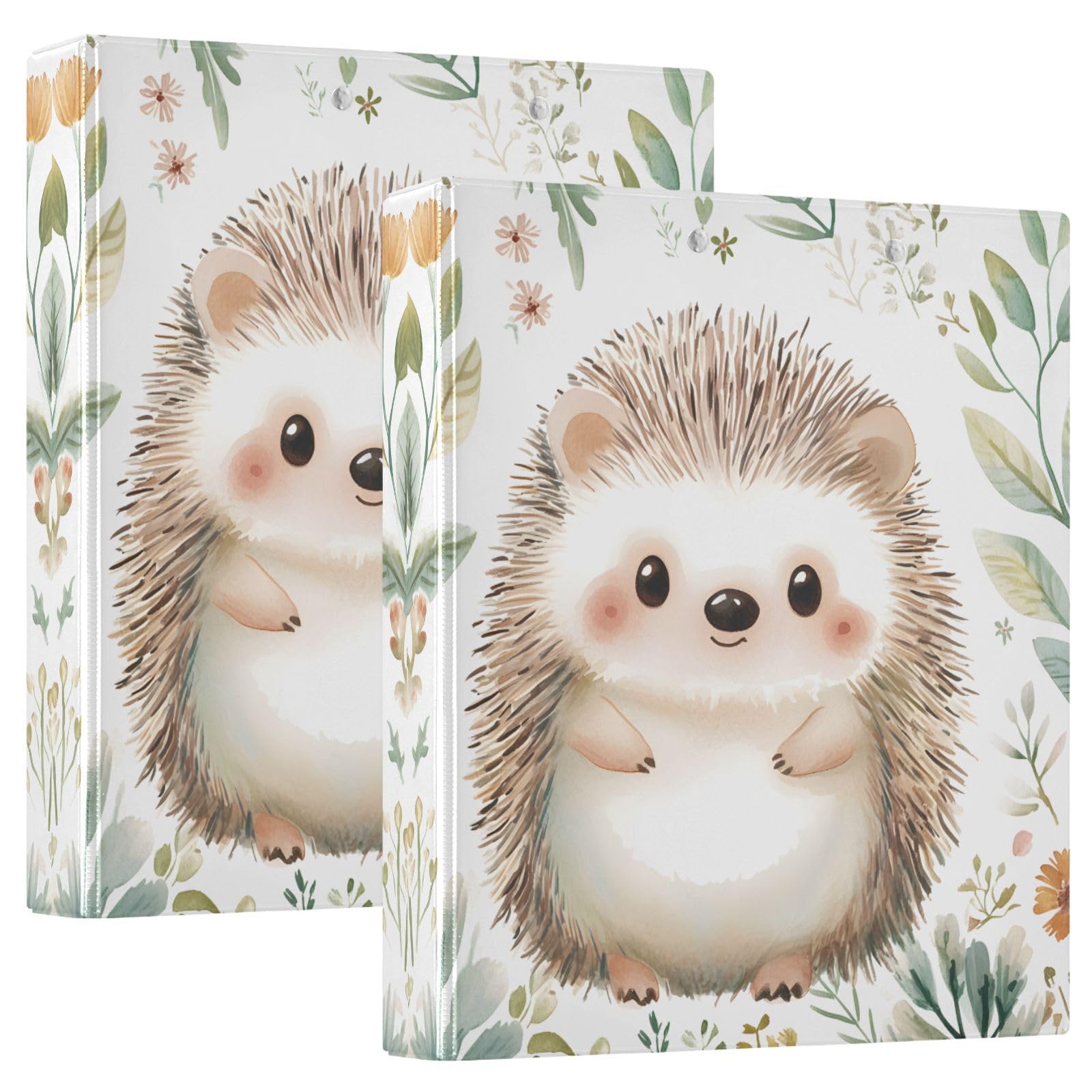 Confezione da 2 raccoglitori a 3 anelli, con foglie floreali e riccio, 3,8 cm, con 3 tasche trasparenti, portablocco e contiene 200 fogli, per ufficio, scuola, organizzazione della casa