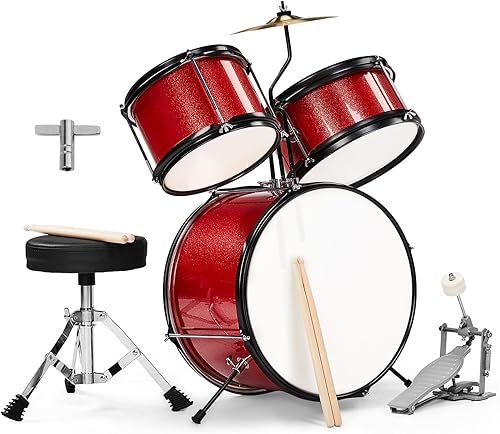 Ktaxon Juego de batería de 3 piezas, kit de batería para principiantes de 14 pulgadas con taburete de trono, pedal y 2 pares de baquetas, Rojo