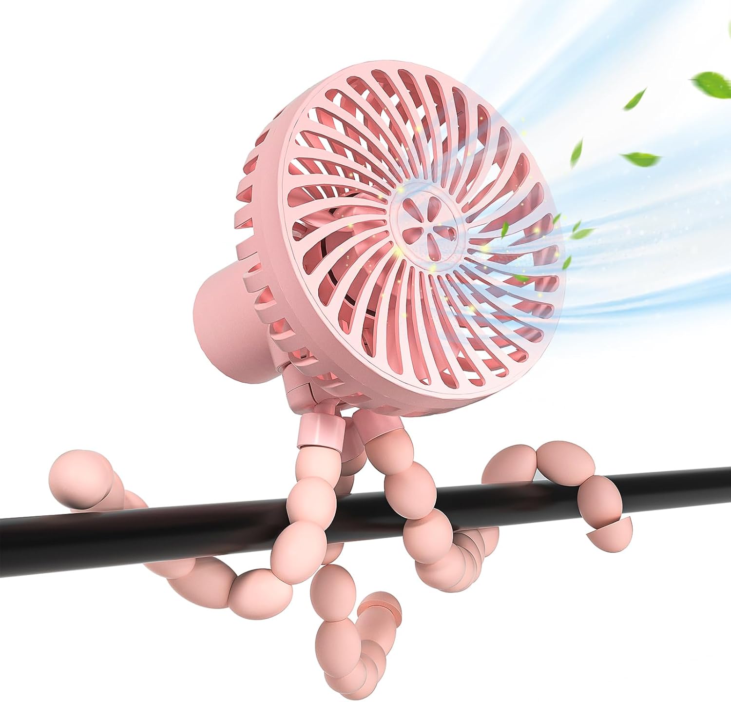RUN HELIX Hand Held Fan Stroller, Flexible Tripod Clip-on for Baby, 360° Rotatable, Small USB Portable Fan for Car Seat Crib Backseat Beach Travel Camping, Pink