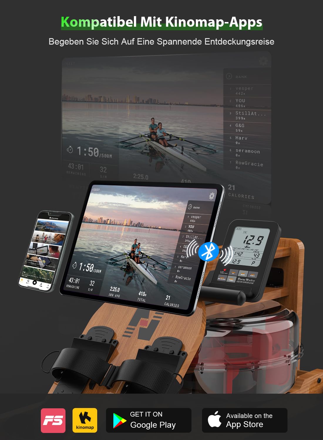 Neezee Wasser Rudergerät für Zuhause, Klappbar Rudergeräte aus Massivholz, Rudermaschine mit Bluetooth Anzeige und Tablet-Halterung, Max 200kg Belastbar, Kompatibel mit Kinomap APP