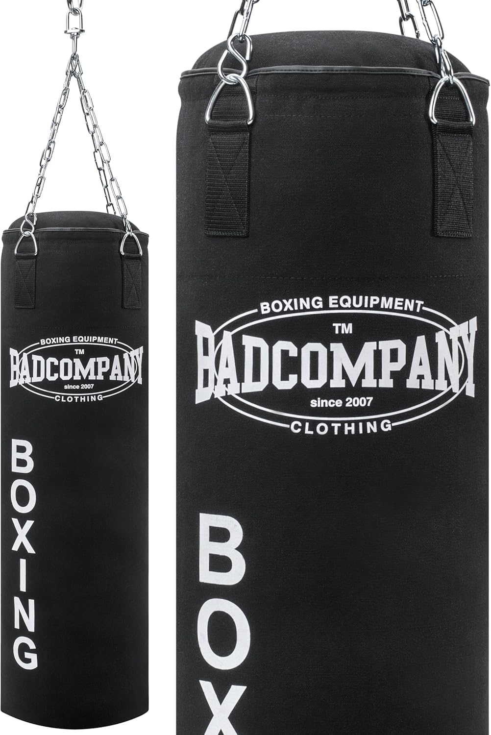 Bad Company Boxsack inkl. Heavy Duty Stahlkette I Canvas Punching Bag, gefüllt/ungefüllt I 80 x 30 cm I 100 x 30 cm I 120 x 30 cm