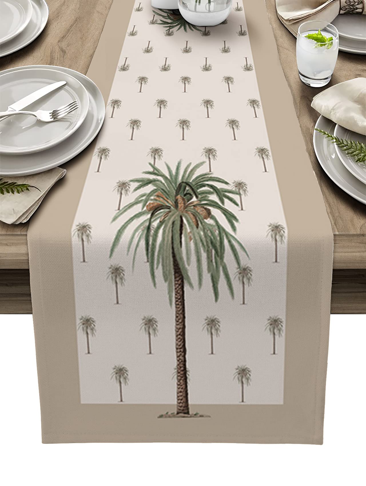 Artwork Store Tropical Coconut Cotton Linen Table Runner Dresser Scarves,Khaki Palm Tree Table Runners for Dinning Table,Farmhouse Kitchen Decor,Holiday Dinner Decoration-13x70 Inch