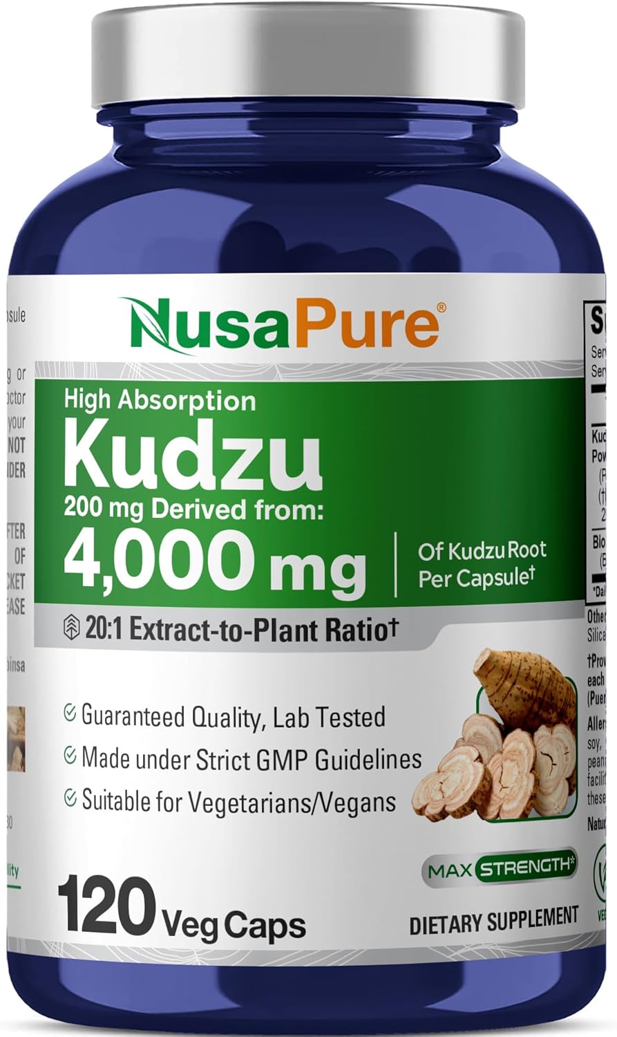 NusaPure Kudzu Root 20:1 Extract, 200 mg Equivalent to 4,000mg - 120 Veggie Capsules (Non-GMO, Vegan, Bioperine)