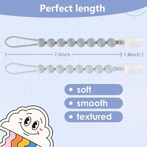 Miniatura 5 de Paquete de 4 clips de silicona para chupetes para bebés, niños y niñas, con cuentas de una pieza, soportes flexibles y libres de óxido para alivio