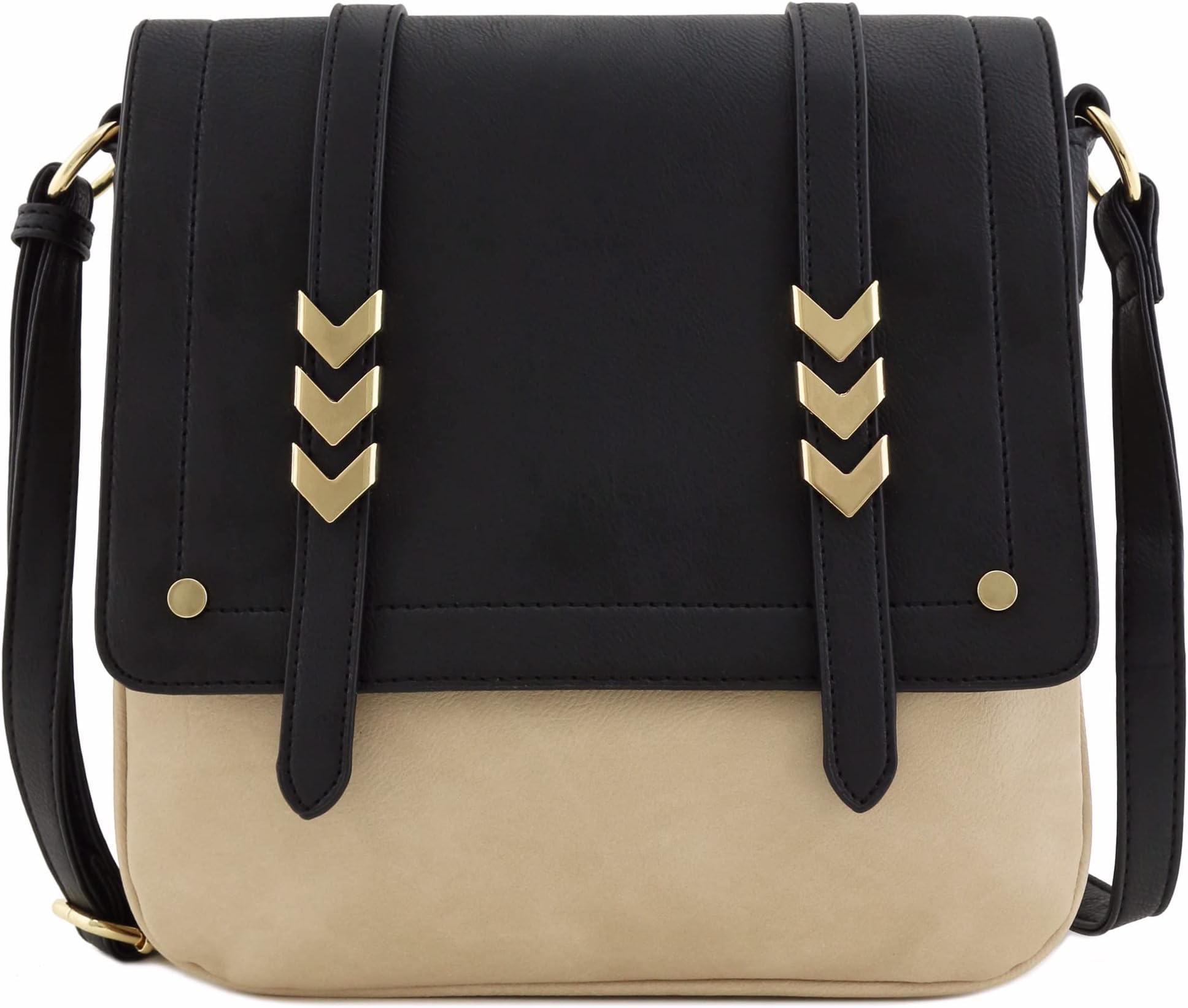 ALYSSA Double Compartment Large Two-Tone Colorblock Flapover Crossbody Bag (Black/Dusty Beige)