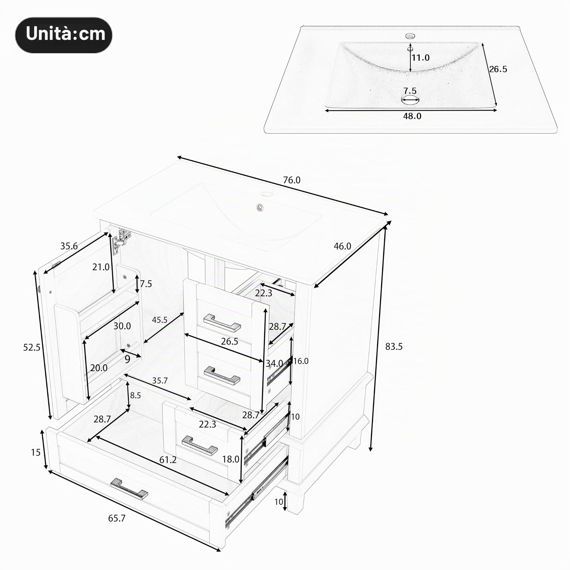 76 x 46 x 83,5 cm, mobile da bagno con lavandino, lavabo, completamente laccato, scaffale per porta, tre cassetti silenziosi, lavabo in ceramica integrato, bianco