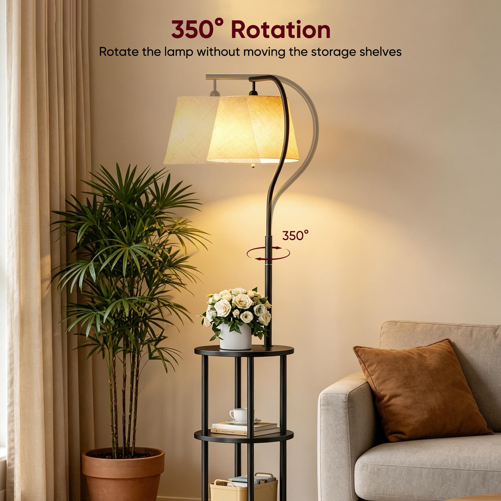 Stehlampe Wohnzimmer mit Ablage, LED Stehlampe, 3 Holzregale | 155 cm Stehlampe mit 3 Holzablagen, 3 Farbtemperaturen, 350° drehbar, E27, für Wohnzimmer, Schlafzimmer & Arbeitszimmer