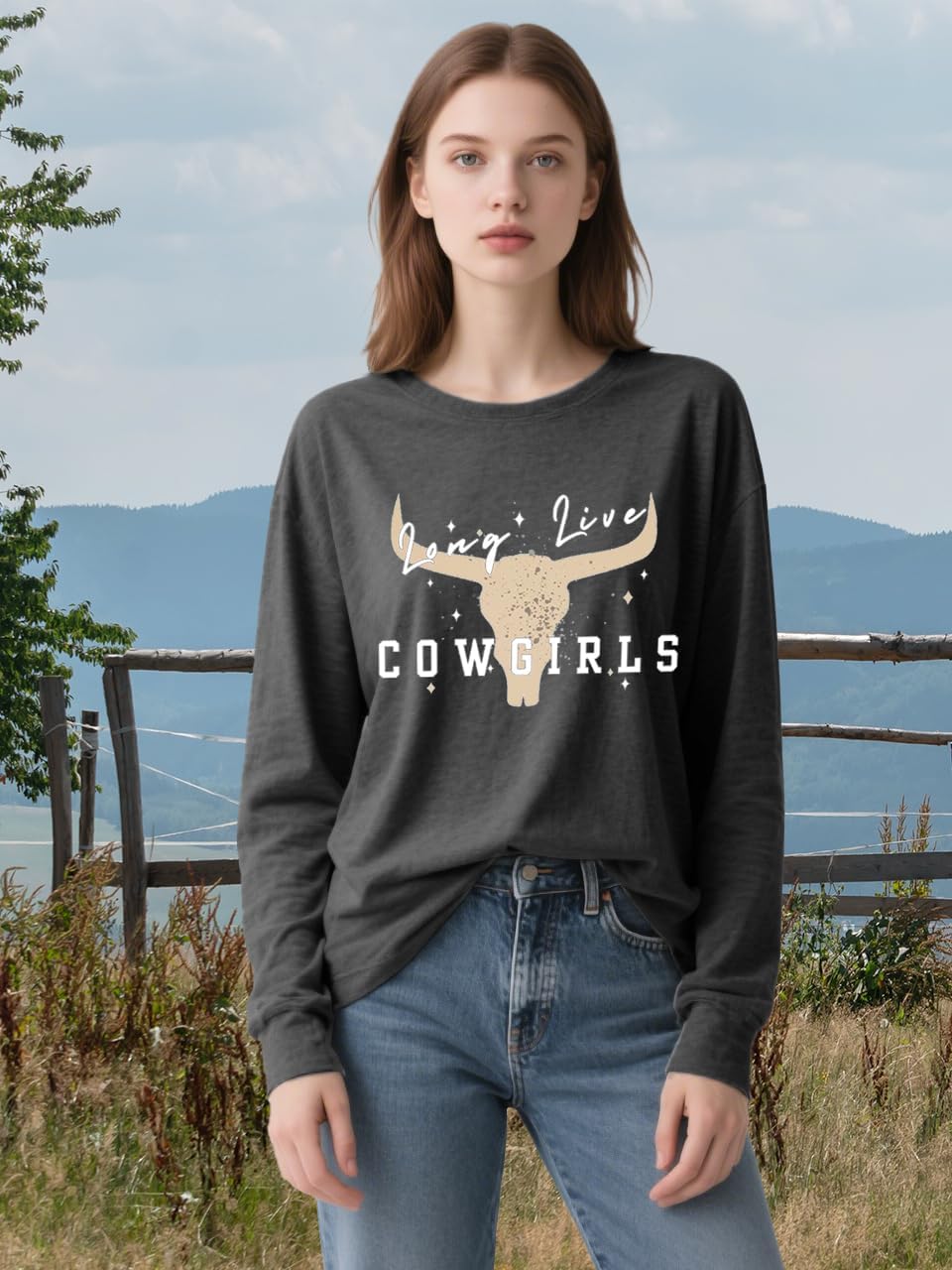 MZEAZRK Long Live Cowgirl Shirt For Women Retro Steer Skull T Shirts Western Cowboy Graphic Tees Long Sleeve Tops(Dark Grey,L) - Image 3