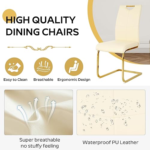 Miniatura 5 de Juego de 4 sillas de comedor modernas, de piel sintética, tapizadas con respaldo alto y patas de metal dorado para cocina, comedor, color beige
