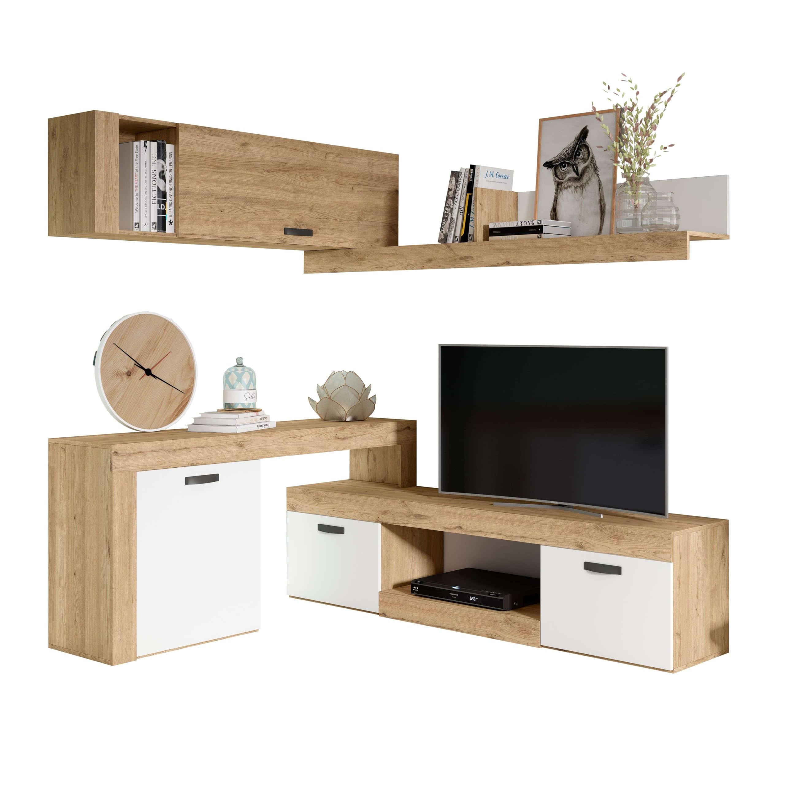 Mueble Salón Modular Rinconero Conjunto Completo Mueble TV Argos 4 Módulos Blanco Mate y Roble Naturale 293x200x40 cm