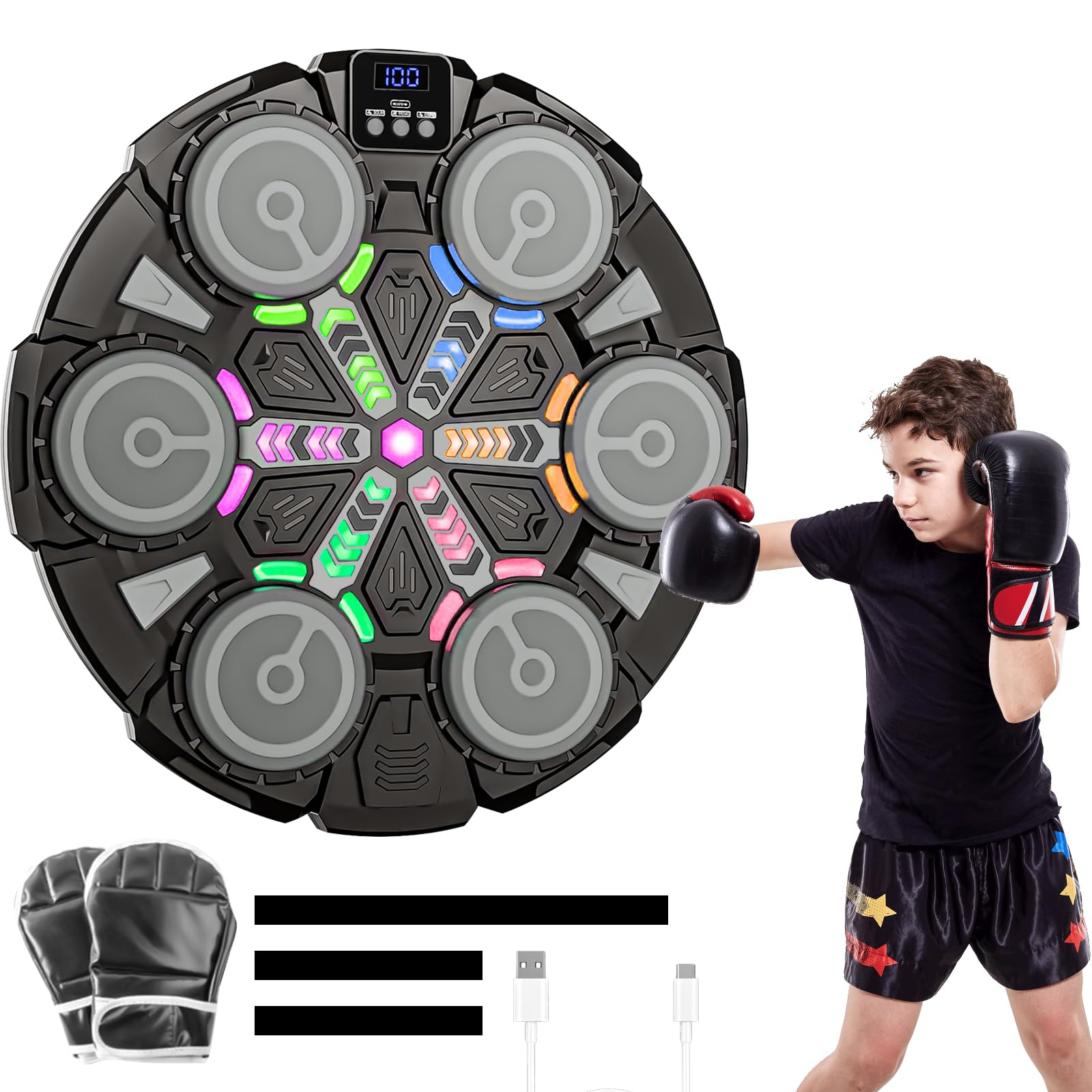 VLUVLA Music Boxing Machine,Wall-Mounted Bluetooth Boxing Machine, LED Score Display, 3 counting modes Rhythm Colorful Lights&Two-Player Battle, 11-Speed Rhythm Mode With Gloves for Kids Adults