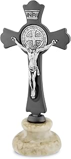 Catholic Saint Benedict Cross with Simulated Marble Stand (Carbon)