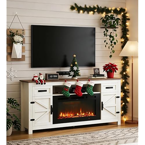 Fireplace TV Stand with Barn Door for TVs up to 80", Farmhouse 70" Fireplace Entertainment Center with Storage Cabinets, White TV Stand and Black Fireplace