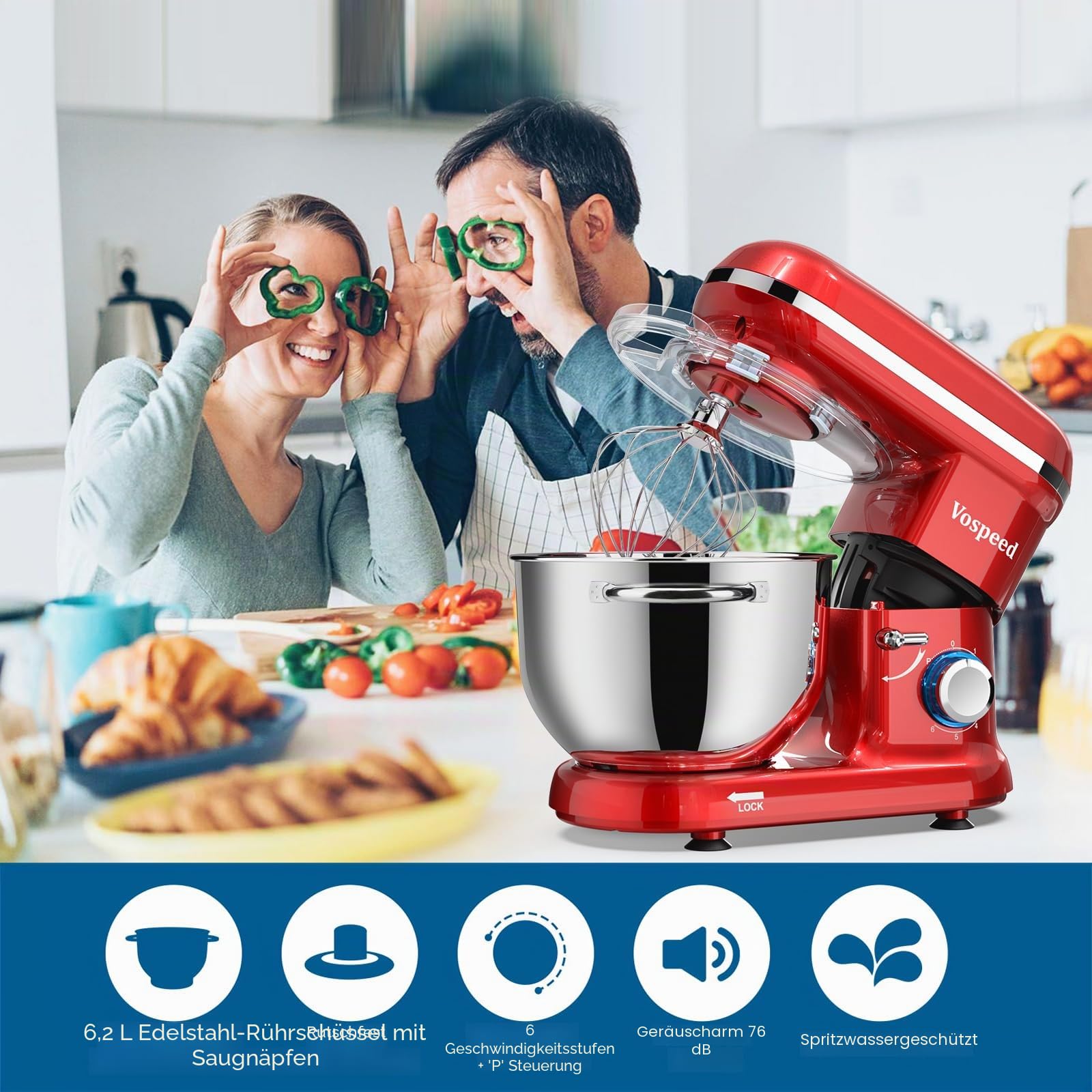 Küchenmaschine Knetmaschine zum Backen, Vospeed 6 Geschwindigkeit Elektrischer Küchenmixer mit 6.2QT Schüssel, Rührbesen, Haken, Schneebesen, Eiertrenner (Rot)