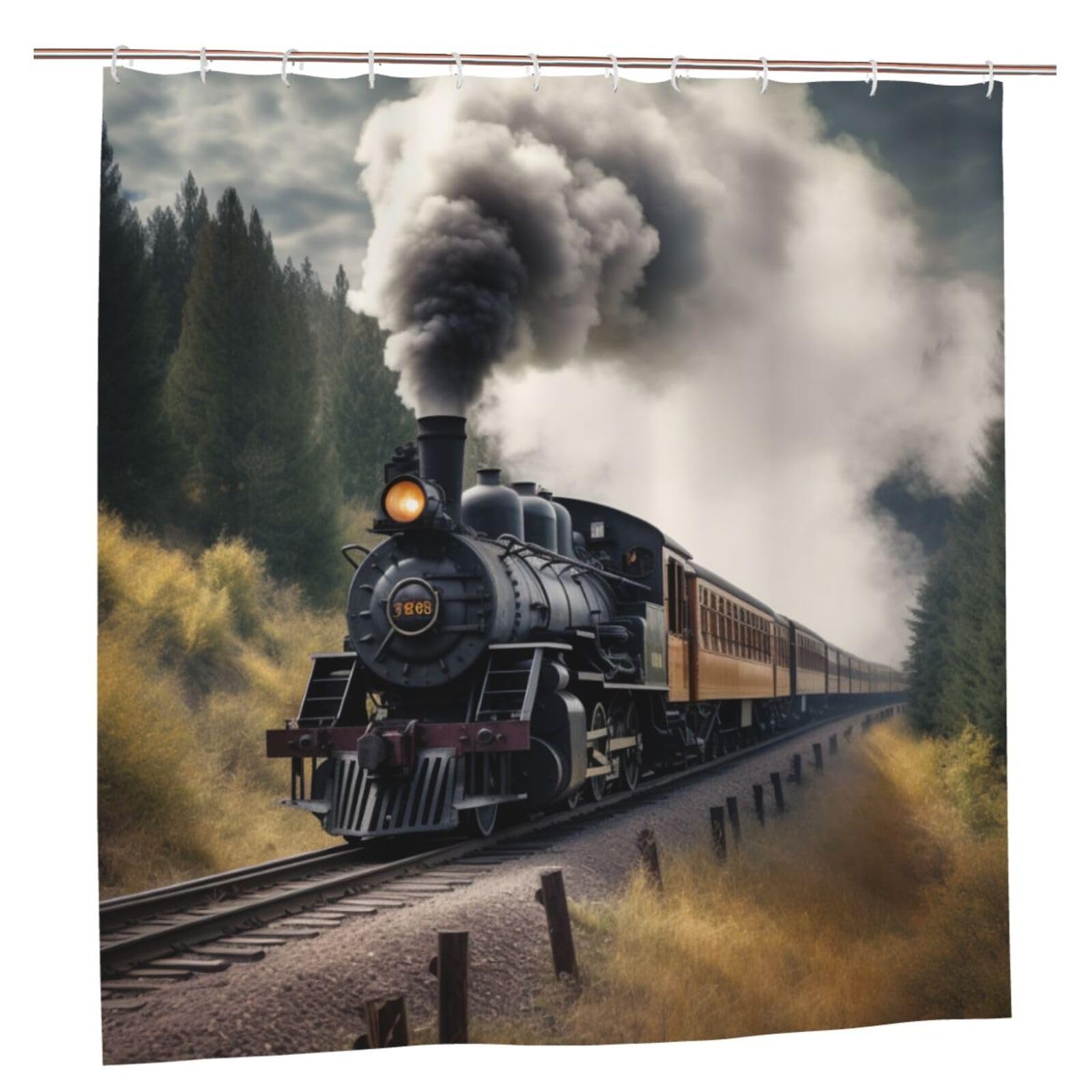 BWWHCCTI Steam Train Printed Shower Curtain With 12 Plastic Hooks Opaque Quick Drying Waterproof Shower Curtains Sets For Bathroom 183x183 CM