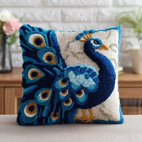 AxiangziK DIY Latch Hook Pillow Kit,Beautiful Peacock 17x17inch Printed Pillowcase Crochet Yarns Hooking Handmade Cushion for Home Sofa Decoration