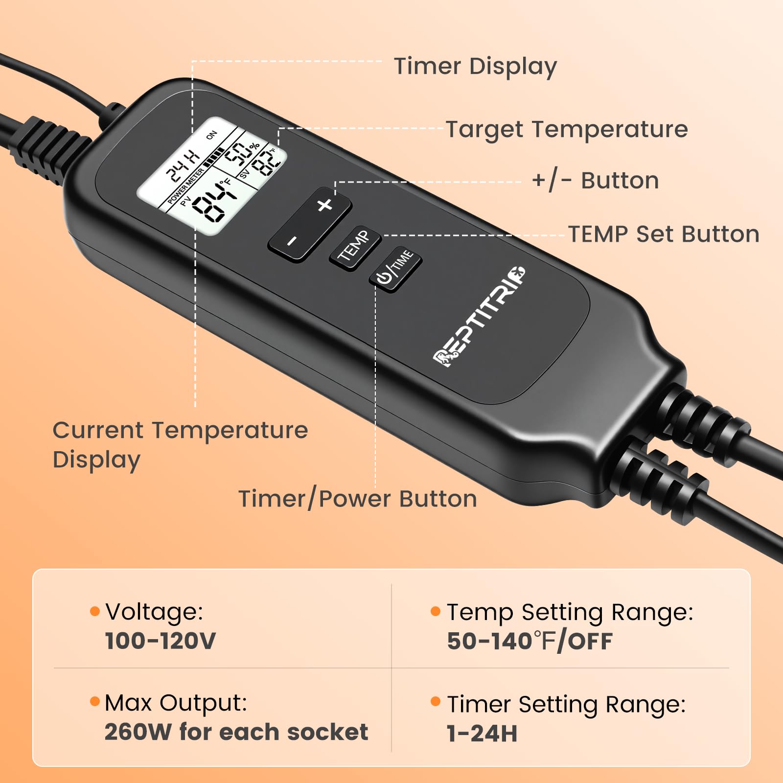 2 in 1 Reptile Dimming Thermostat with 2 Socket for Timer & Heating Control, Thermostat for Reptile Heat Lamp Heat Pad, PID Temperature Controller, Memory Function, ℉/℃ - image 6