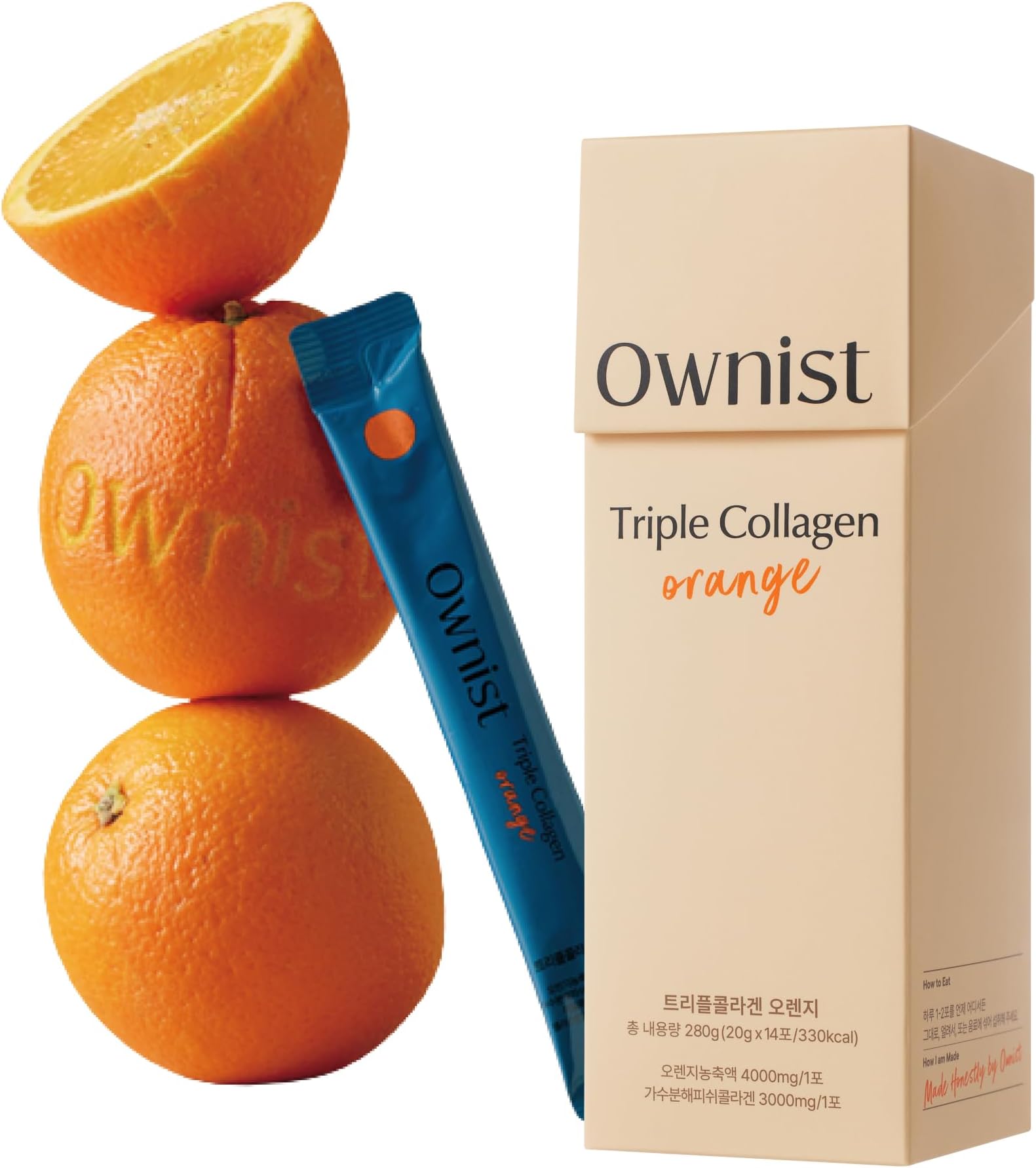 - Ownist Triple Collagen Liquid Packets On-The-Go - Peptides with Hydrolyzed Marine Collagen, Elastin, Hyaluronic Acid and Vitamin for Healthy Skin - Orange Flavor - 14 Individual Stick Packs