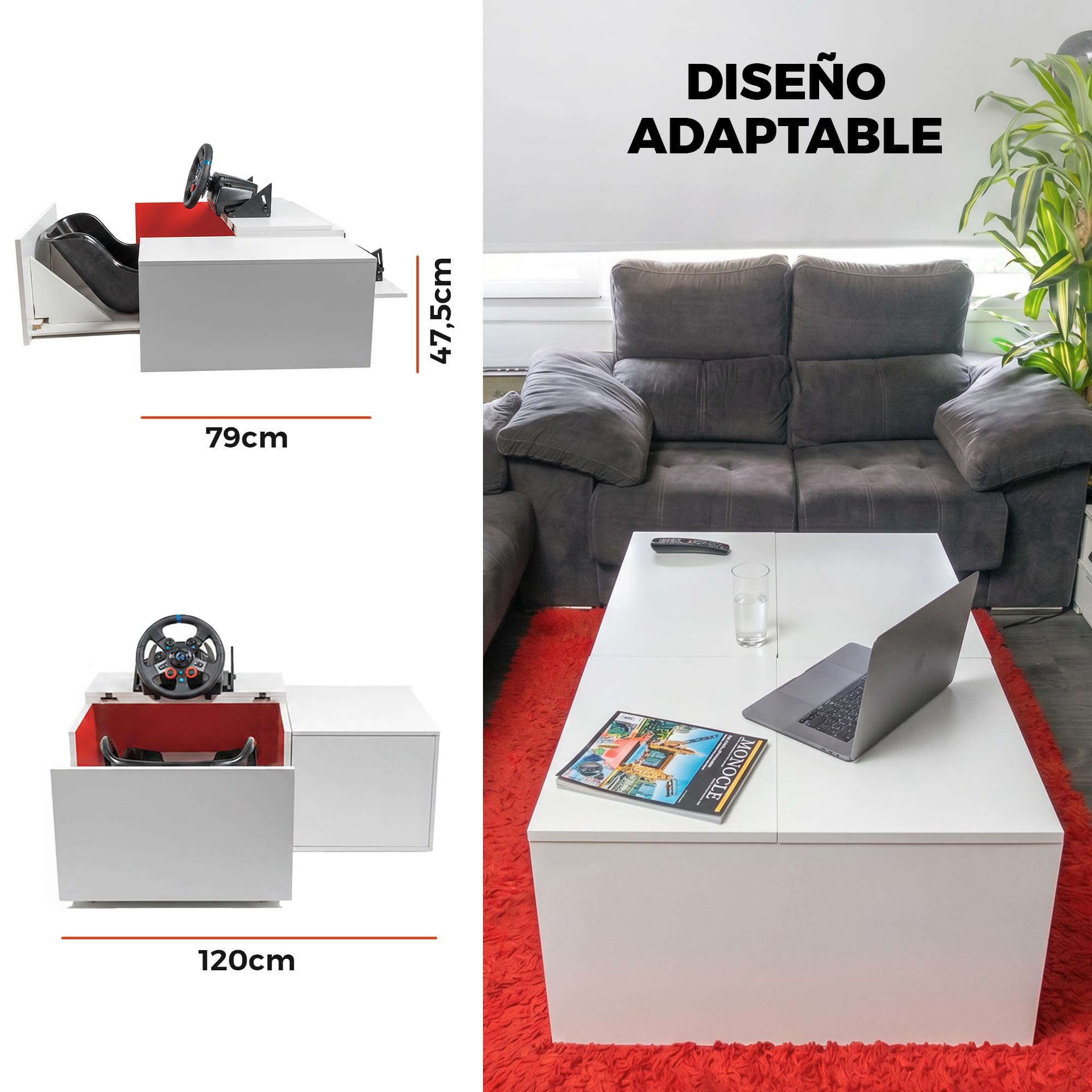 Simulador de Conducción con Volante Force Feedback (2,3NM) y Pedales Integrados en Mesa de Centro Elevable para Salón | Cockpit Gaming Compatible con PS5/PC | 79x79x47,5 cm (Blanco)