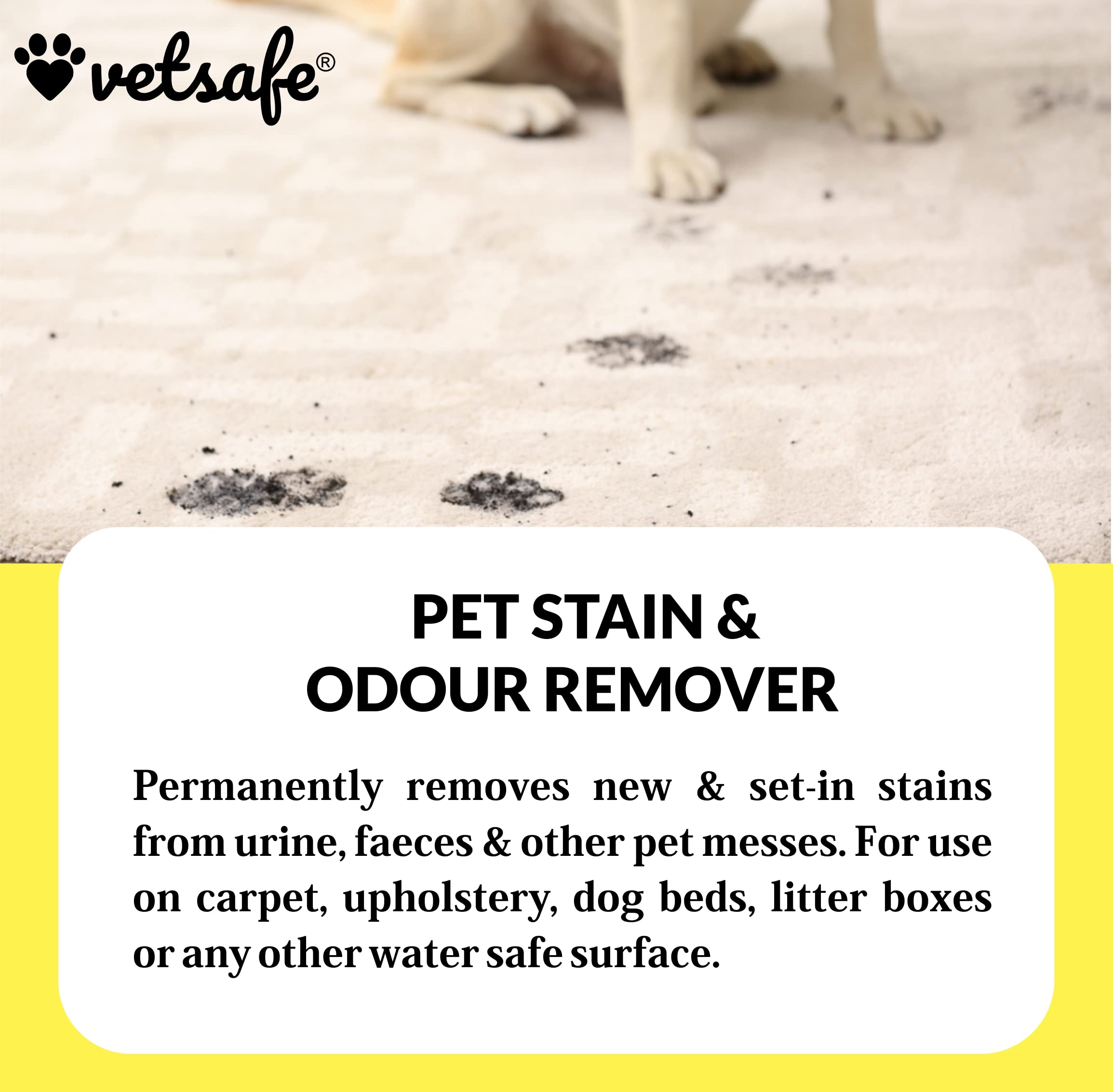 VetSafe Pet Stain & Odour Remover 500 ml | 3X Cleaning Power | Eliminates Tough Stains & Odours | Prevents Repeat Marking | Ideal for Feces, Urine, Vomit & Drool | Pet Area Cleaner 3