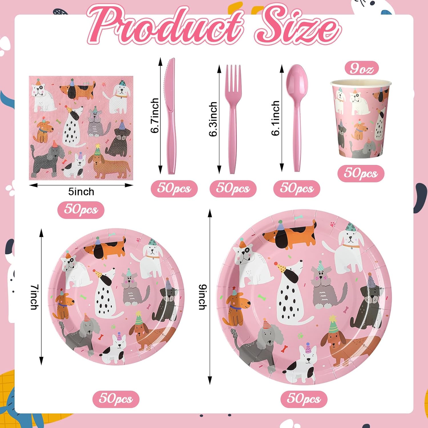 Jinei 350 Pcs Dog Birthday Party Supplies Pink Dog Tableware Set Serves 50 Guests Puppy Birthday Decorations Includes Pink Puppy Plates Cups Napkins Forks Knives Spoons for Party Supplies