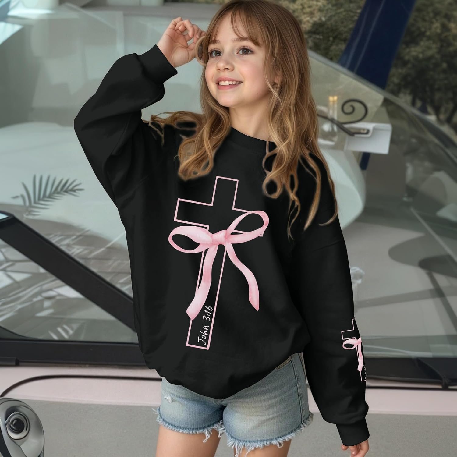 Girls Christian Sweatshirt Kids Cute Pink Bow Sweatshirts Teens Aesthetic Cross Graphic Long Sleeve Shirt Pullover Top - Image 3