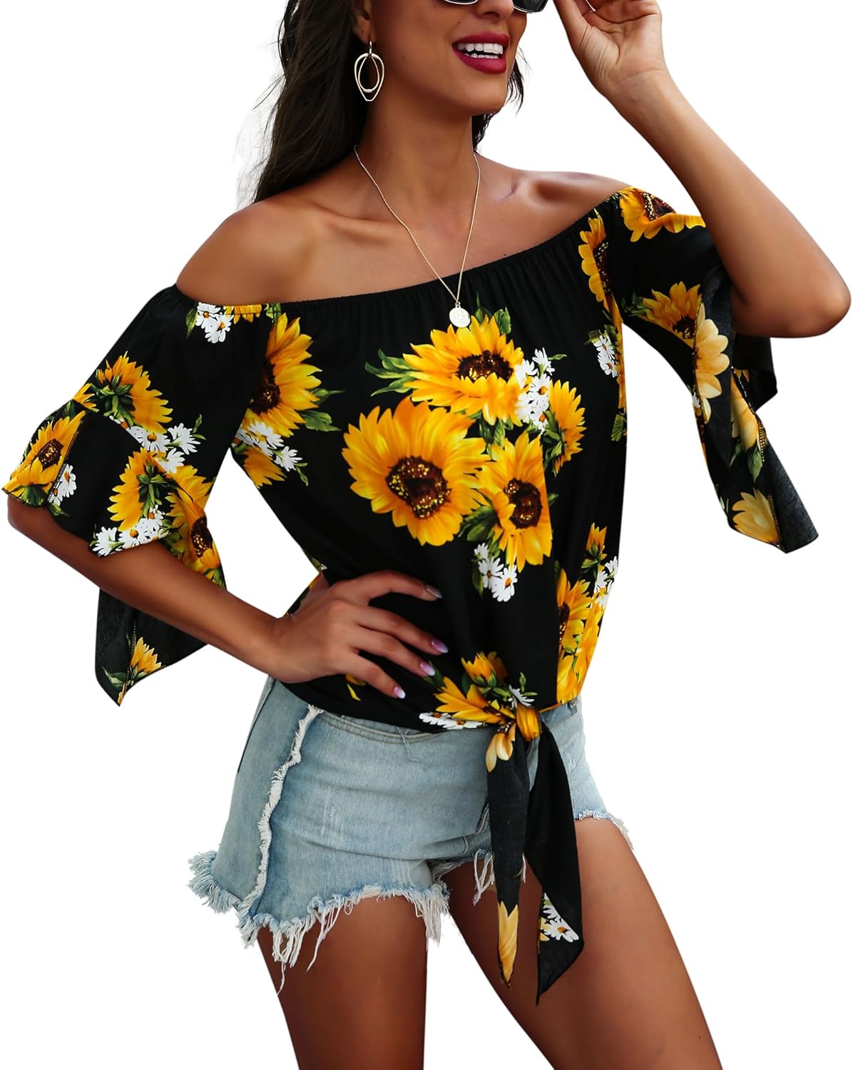 Hibluco Womens Off Shoulder Tops Sexy Floral Print Crop Tops Summer Blouses T-Shirt