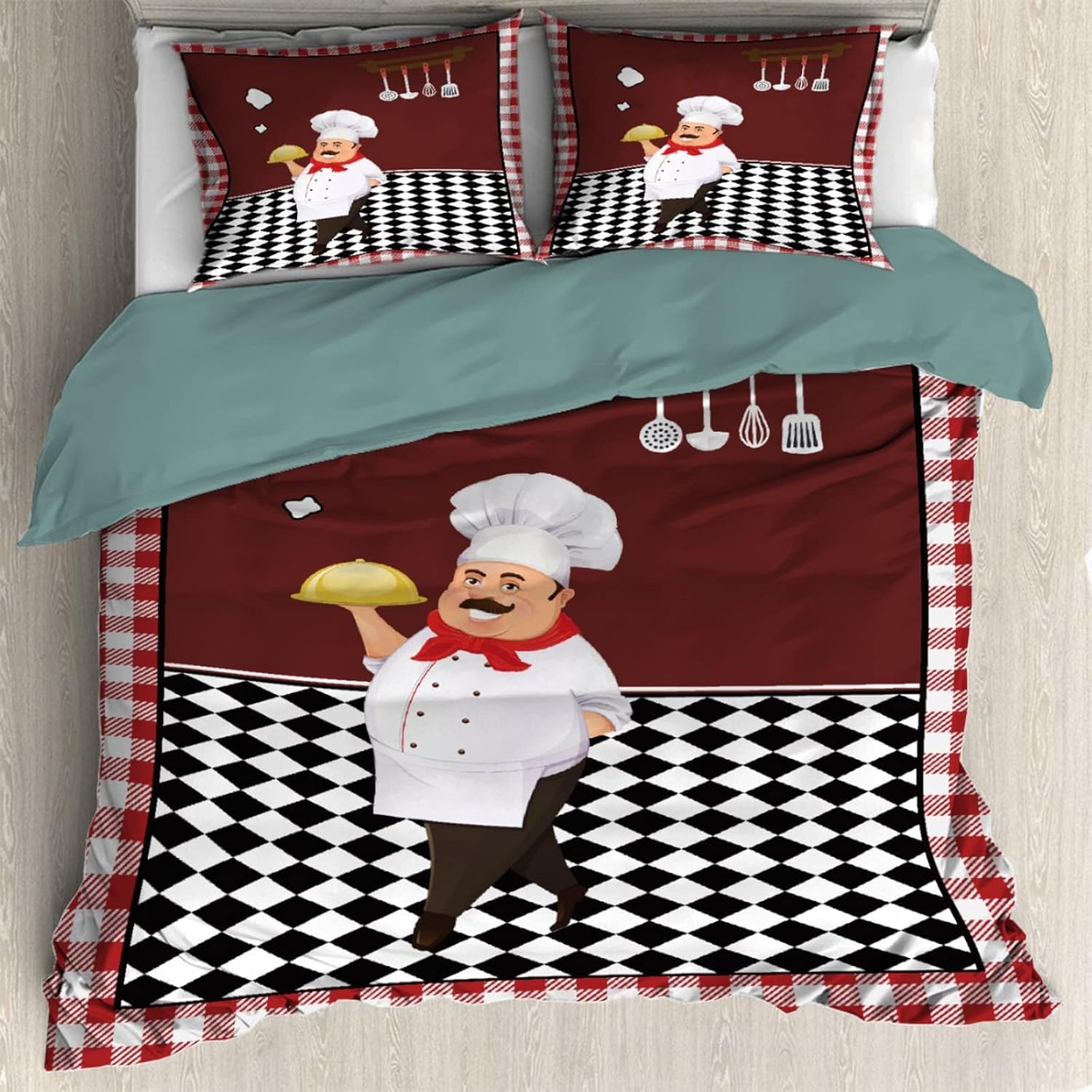 Chef Knife Fork Gourmet Check Duvet Cover Set, Diverse Design, Good Choice of Bedding, 3 Piece Set, Including 2 Pillowcases, 1Duvet Cover, Twin Size 68'' x 87''