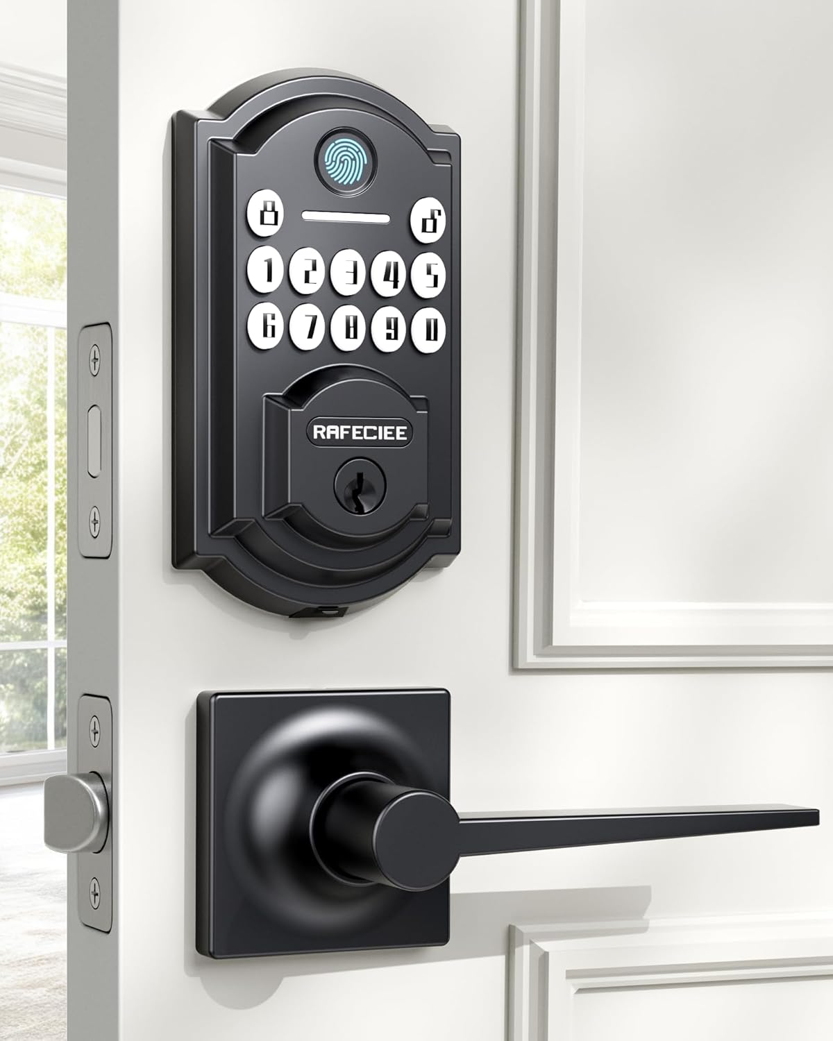 Front Door Lock Set Keyless Entry with 2 Lever Handles, Keyless Entry Door Lock Deadbolt with Handle Set, Fingerprint & Digital Keypad Deadbolt for Front Door, Matte Black