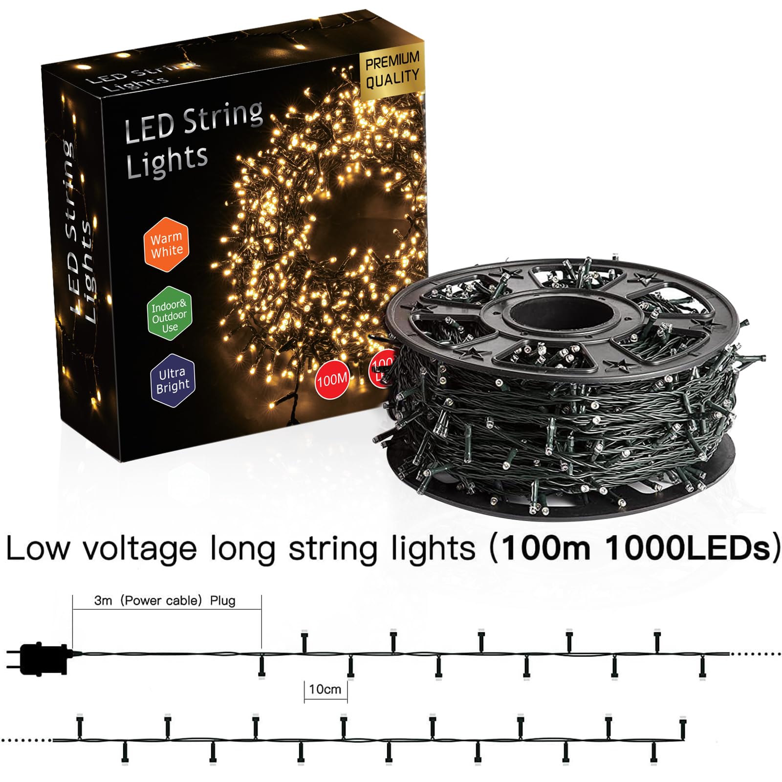 Avoalre Girlanda świąteczna 100M 1000LED Ciepłe Białe | 8 trybów świecenia, IP44 wodoodporna, Dekoracja choinki, Ogród, Urodziny oraz śluby