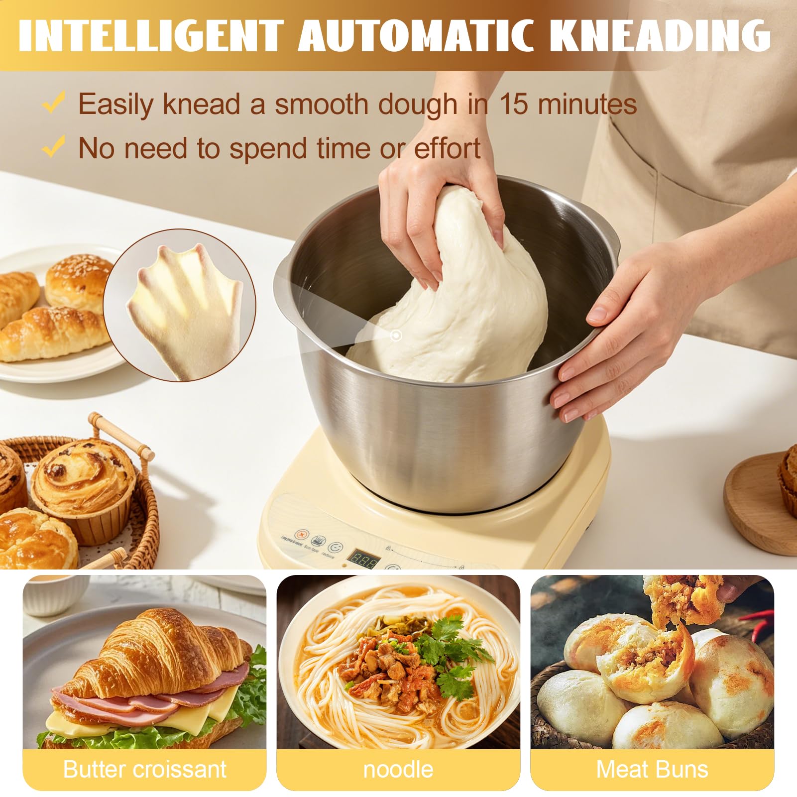 Teigmaschine, 7L Teigknetmaschine, Edelstahl Teigmehl Mixer, ollautomatische Teigknetmaschine mit Fermentierungsfunktion,Thermostatische Gärung,Intelligenter Timer