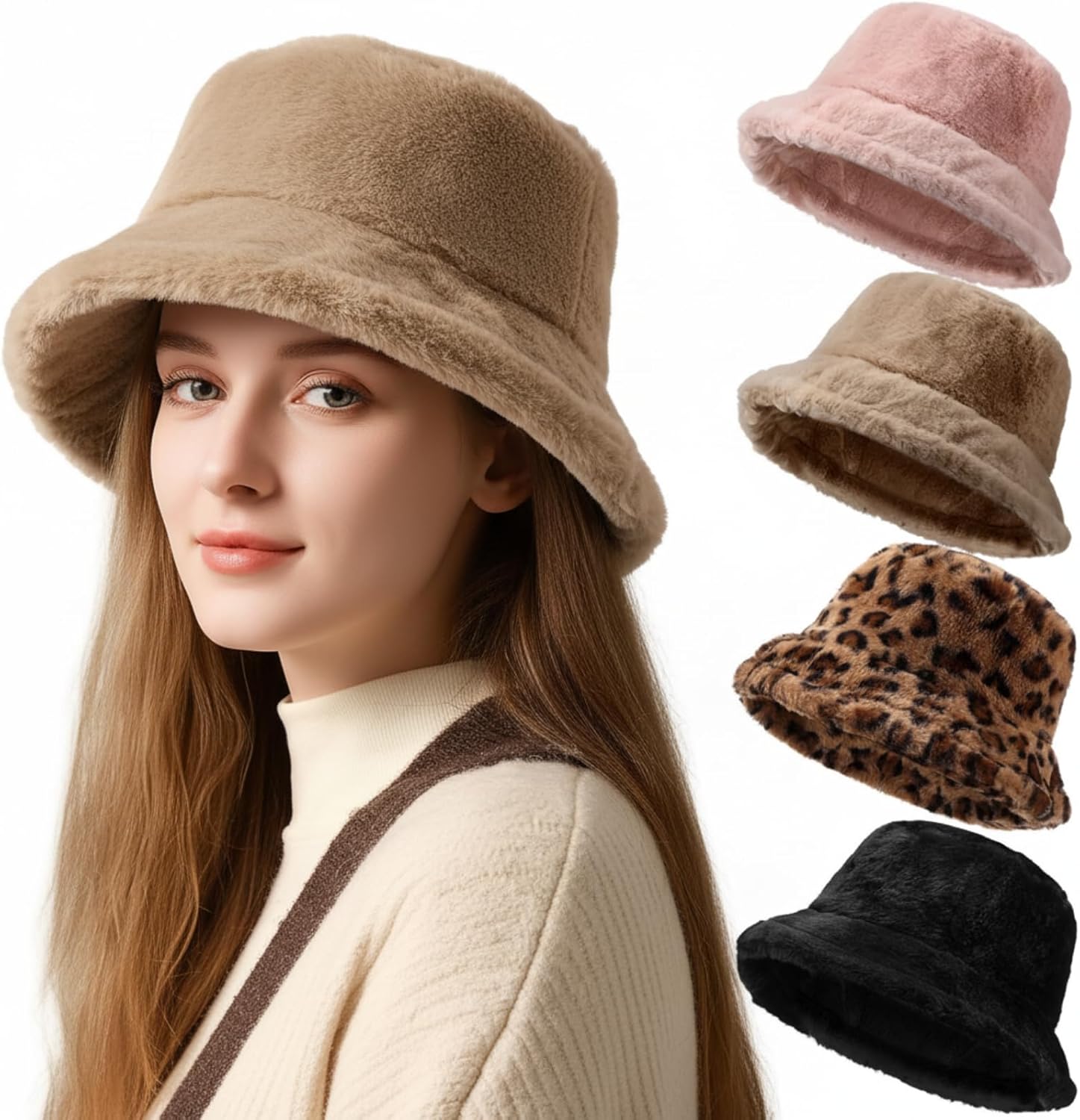 4 Pcs Women's Winter Fuzzy Bucket Hat Winter Fluffy Warm Fisherman Faux Fur Bucket Hat Fisherman Caps for Outdoor