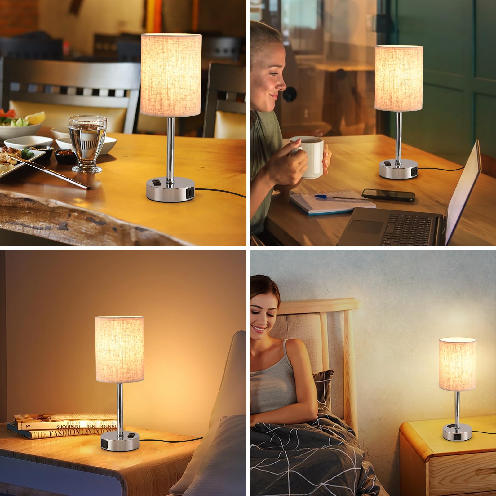 Touch Dimmable Bedside Lamp, Table Lamp with USB A+C Charging Port, Linen Lampshade, Metal Base, Bedroom, Office, Living Room - Image 2