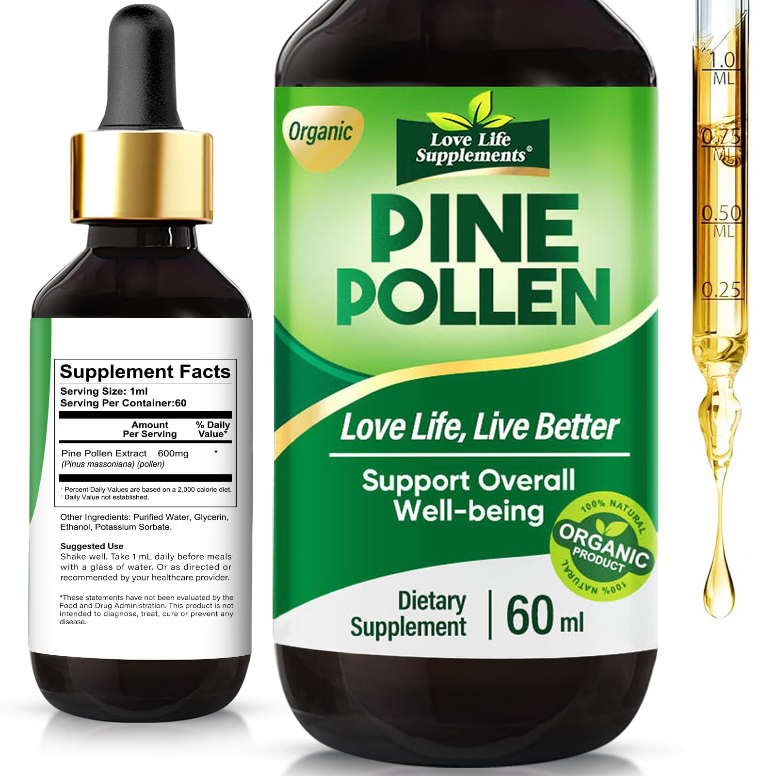 Love Life Supplements Pine Pollen Tincture bottle