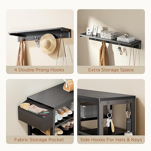Miniatura 3 de Aiho Hall Tree Shoe Bench with Storage, 4 in 1 Coat Rack Set, Industrial Bench with 4 Hooks, 5 Storage Shoe Cubbies, for Entryway, Hallway, Rustic